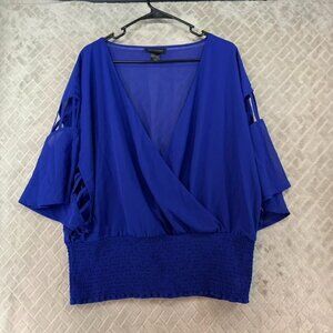 Ashley Stewart Blouse Womens 18/20 Blue Chiffon Dolman Sleeve Wrap V Neck